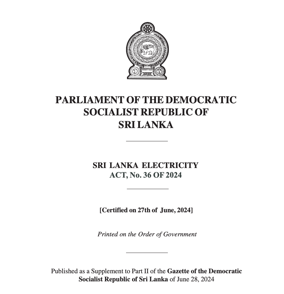 Sri Lanka Electricity Act, No. 36 of 2024